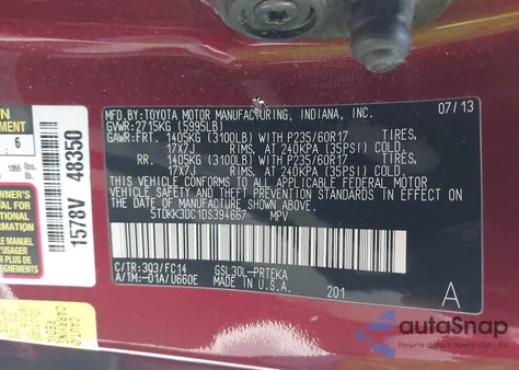 2013 Toyota Sienna Le z USA, uszkodzony, nr VIN 5TDKK3DC1DS394667